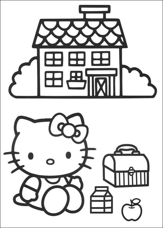 Dibujo de Hello Kitty sentada Afuera de la Casa para Imprimir y Colorear Gratis