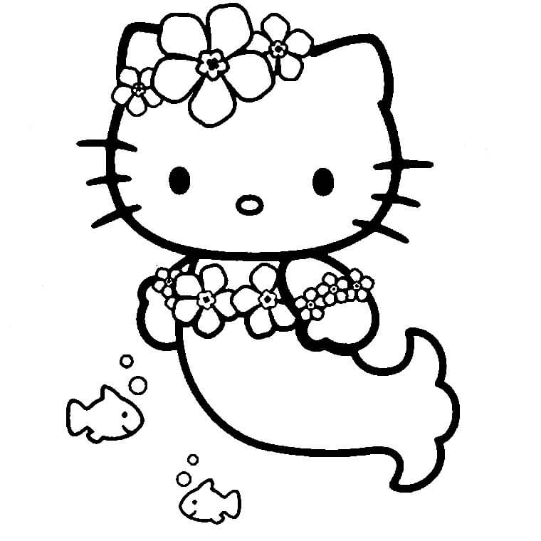 Dibujo de Hello Kitty sirena y dos Peces para Imprimir y Colorear Gratis