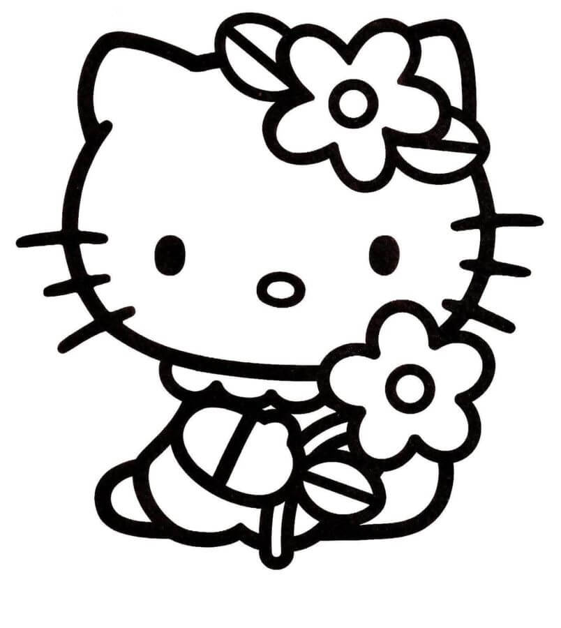 Dibujo de Hello Kitty sosteniendo Flor para Imprimir y Colorear