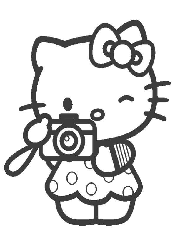 Imágenes de Hello Kitty sosteniendo la Camara para Colorear