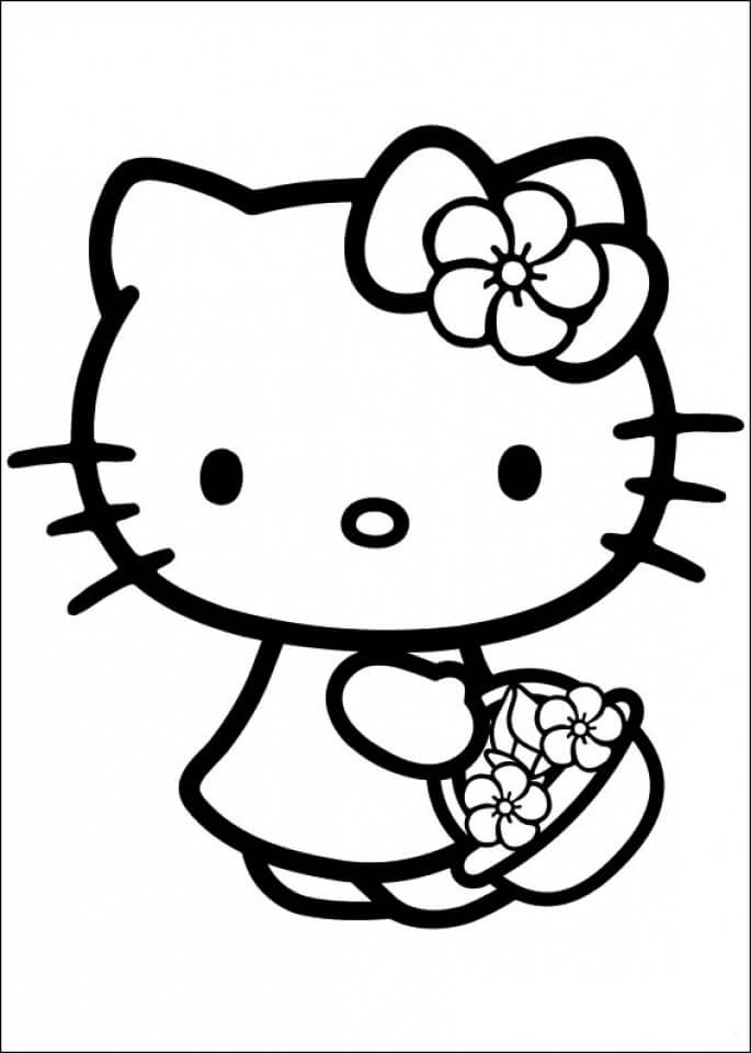 Hello Kitty sosteniendo una Canasta de Flores para Colorear