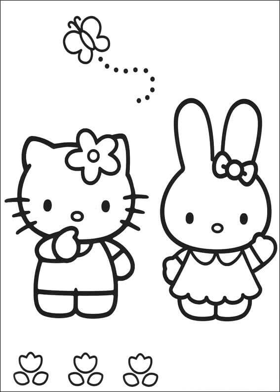 Dibujo de Hello Kitty y Conejo para Imprimir y Colorear