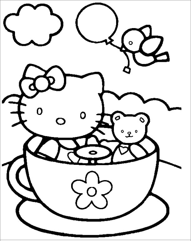 Dibujo de Hello Kitty y Teddy Bear en Taza para Imprimir y Colorear