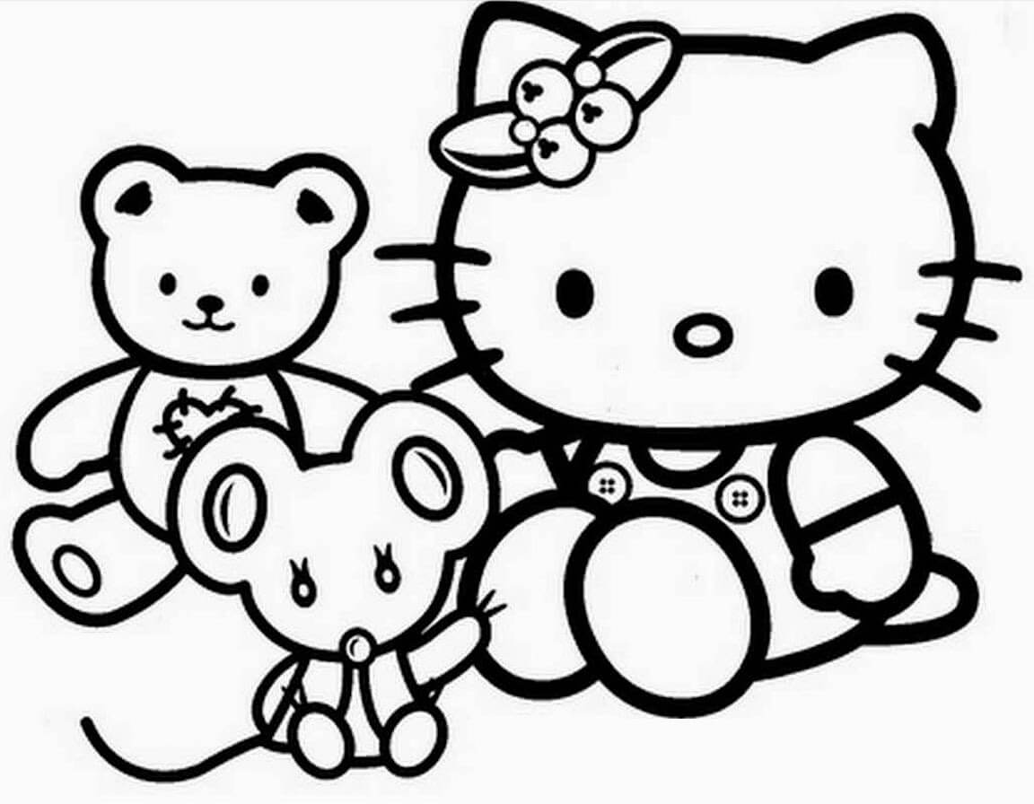 Dibujo de Hello Kitty y dos Amigas para Imprimir y Colorear