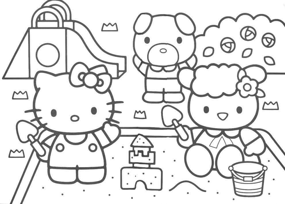 Dibujo de Hello Kitty y los amigos del Castillo de Arena para Imprimir y Colorear