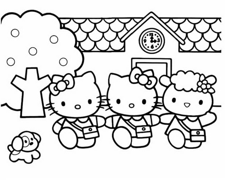 Dibujo de Hello Kitty y sus Amigos van a la Escuela para Imprimir y Colorear