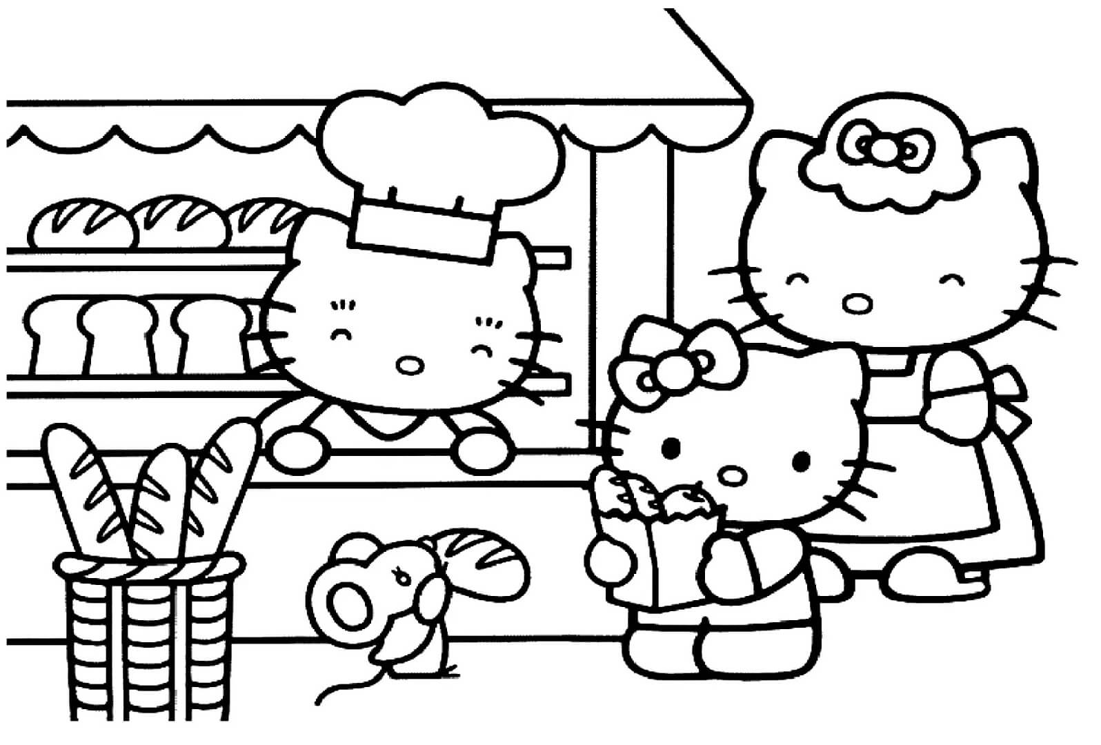 Dibujo de La Familia de Hello Kitty en la Panaderia para Imprimir y Colorear