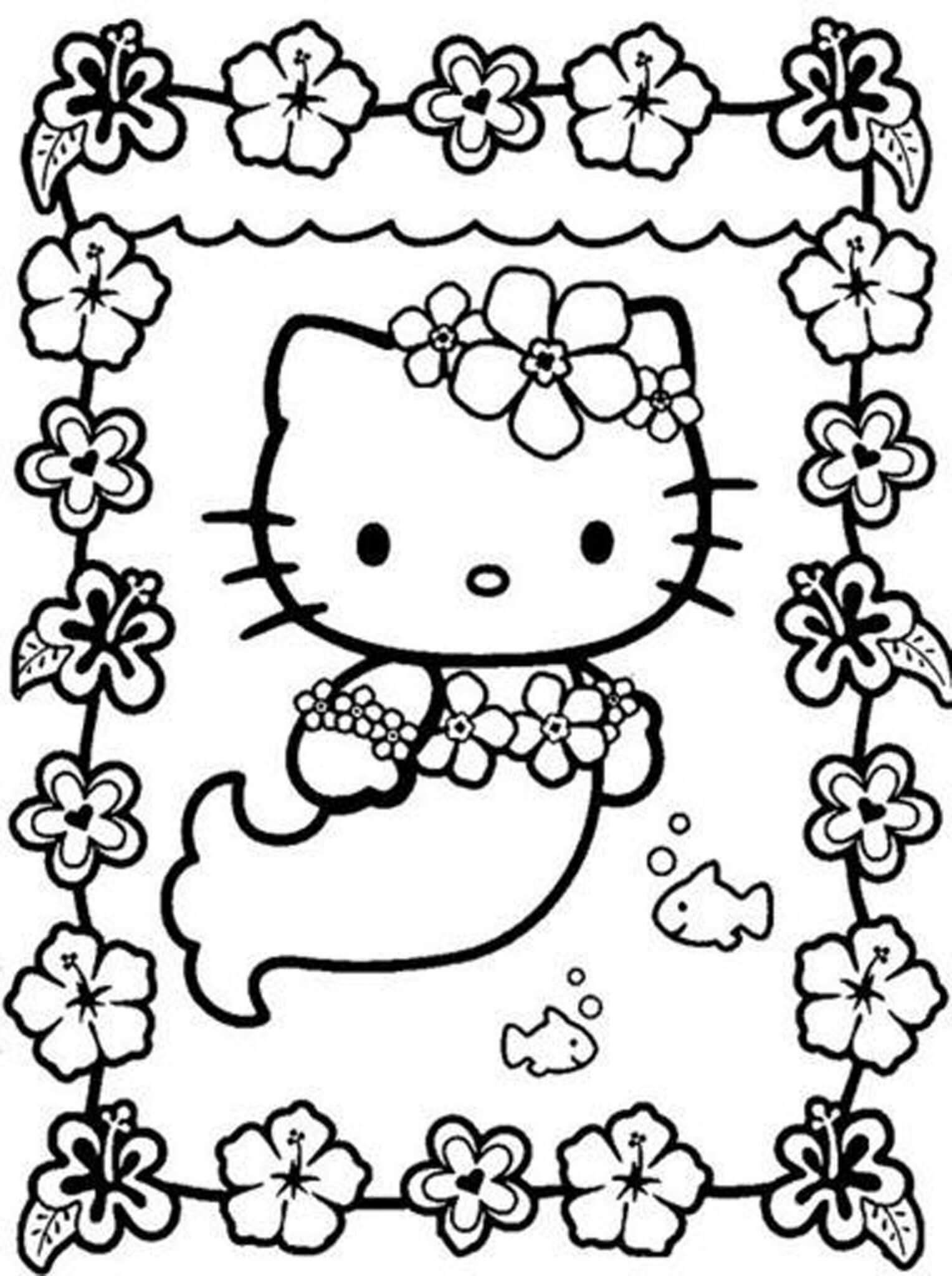 Dibujos de Sirena Hello Kitty con Flores para Imprimir y Colorear