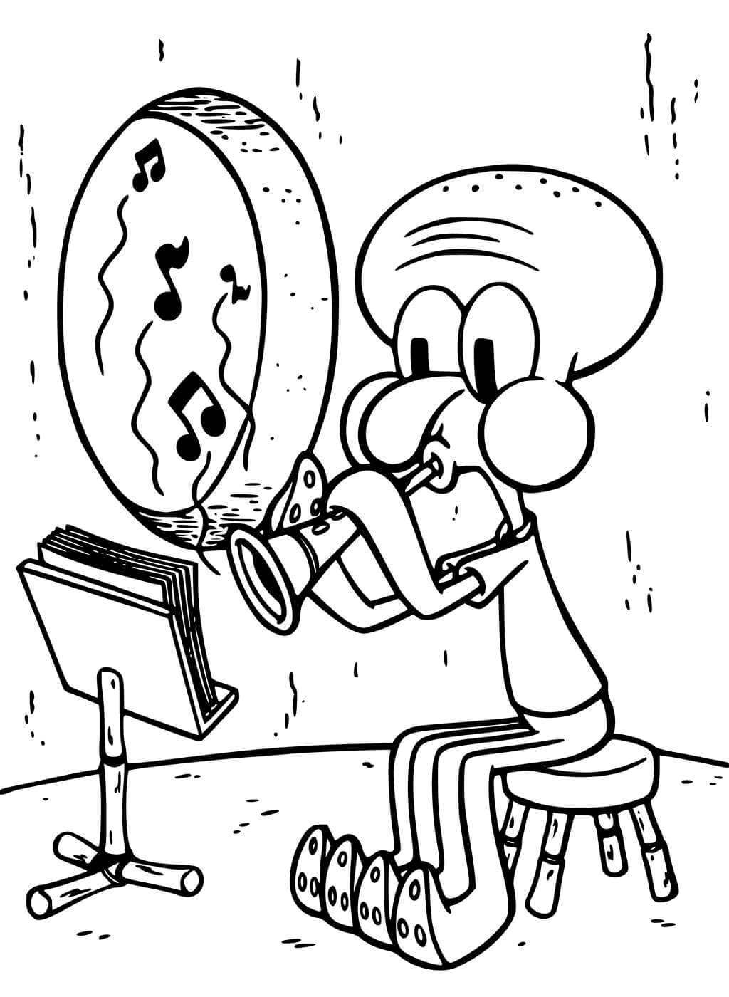 desenho de lula molusco tocando clarinete para colorir