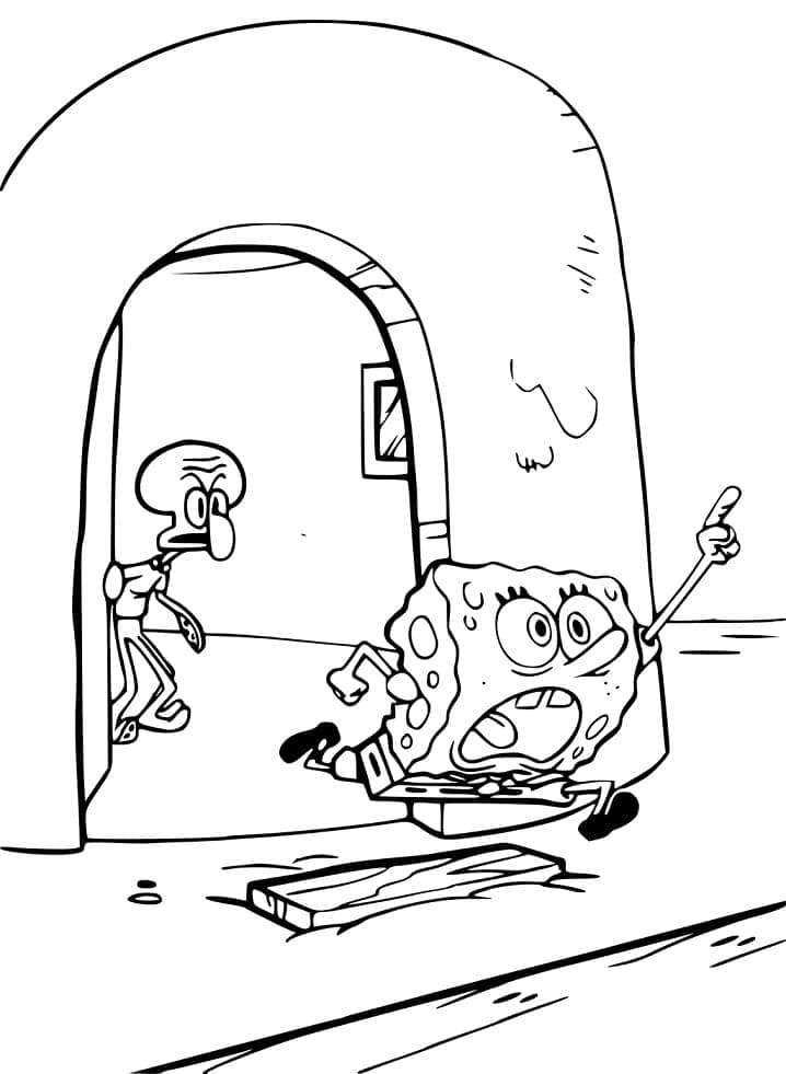bob esponja correndo da casa do lula molusco para colorir