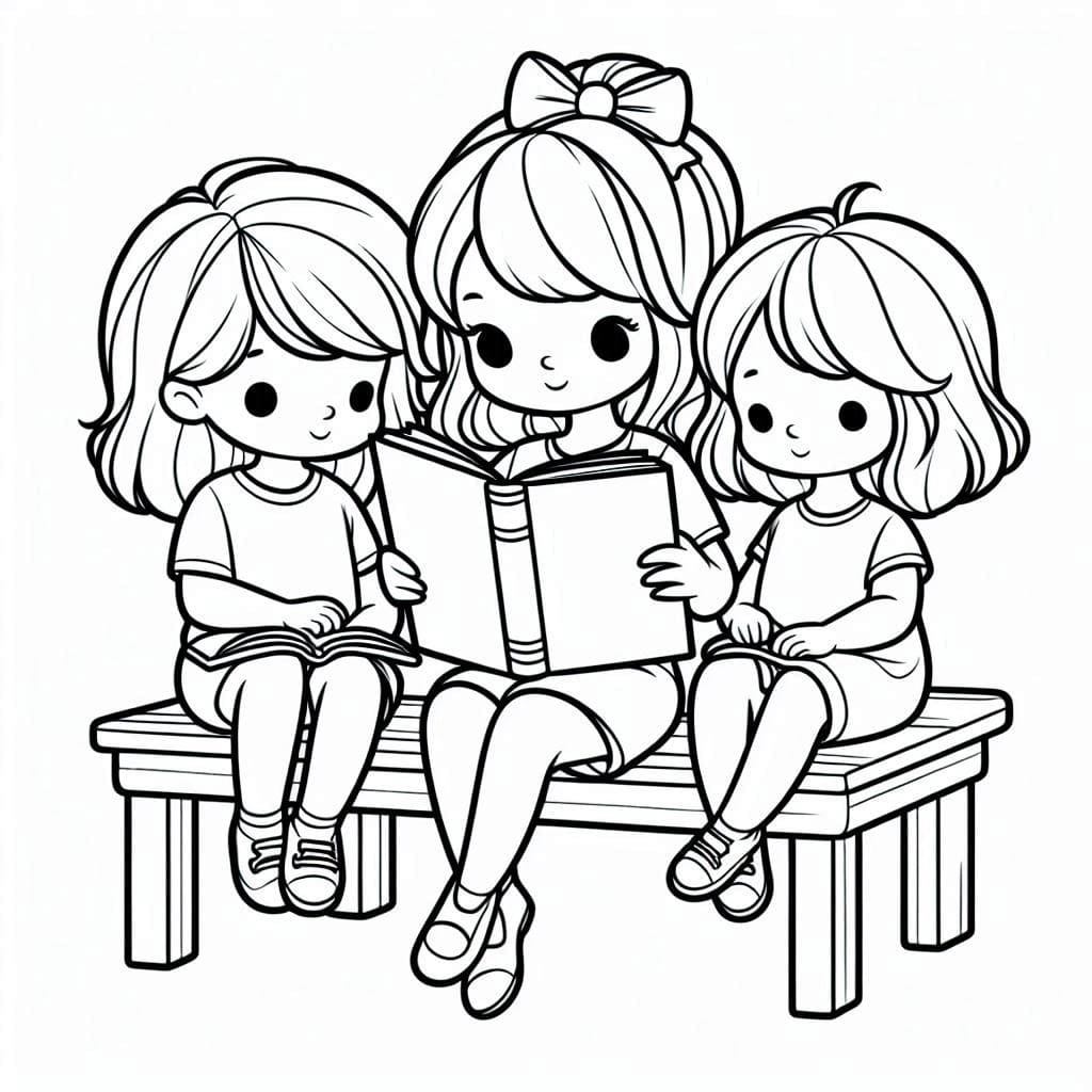 desenho de as meninas estão lendo para colorir e imprimir