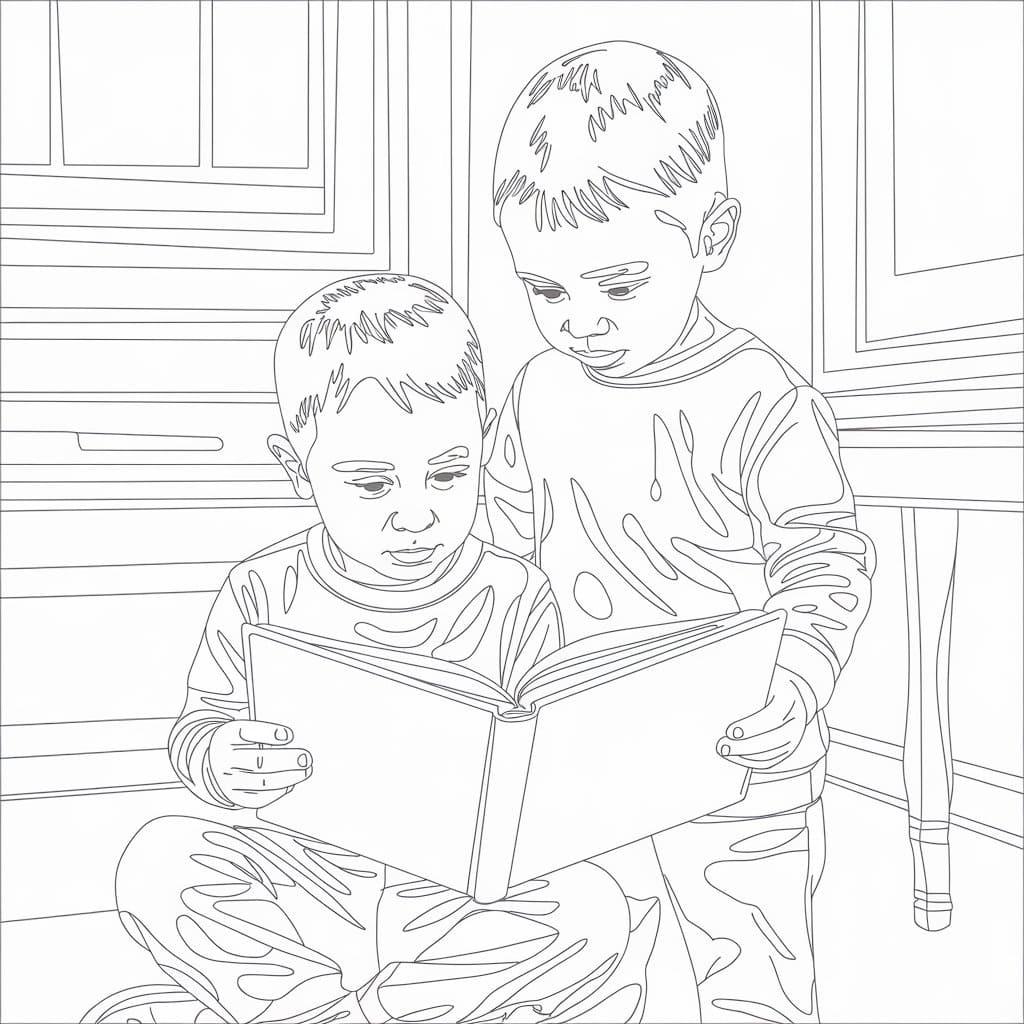 desenho de dois meninos estão lendo para colorir