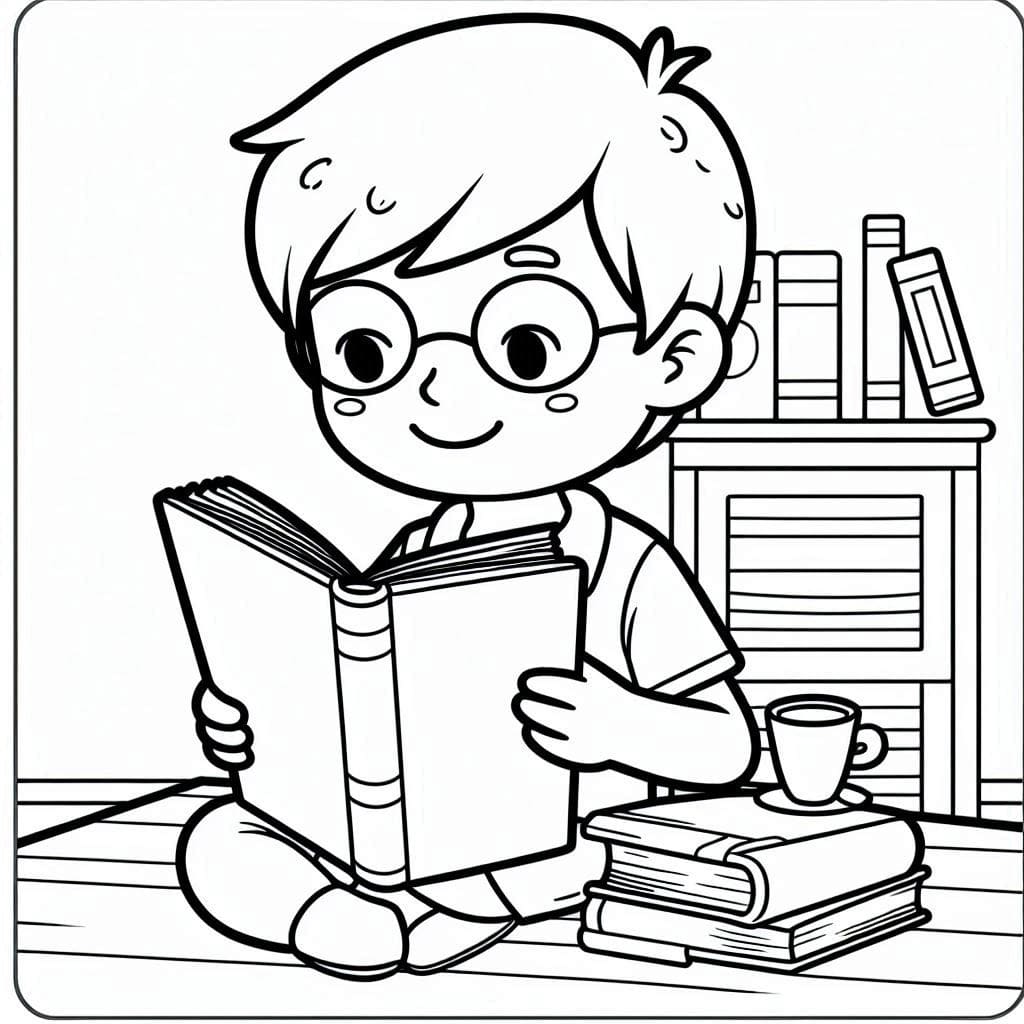 desenho de menino fofo lendo em biblioteca para colorir