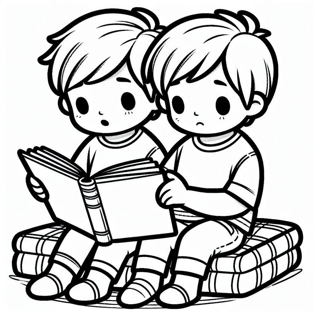 desenho de meninos sentados no sofá lendo livro para colorir