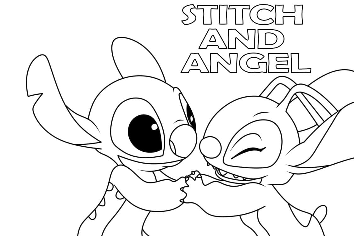 desenho de stitch e angel alegres para colorir e pintar