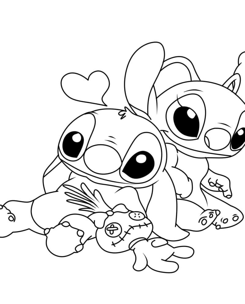 desenho de stitch e angel felizes para imprimir e colorir