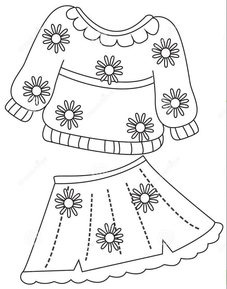 desenho vestido de menina com flores para colorir