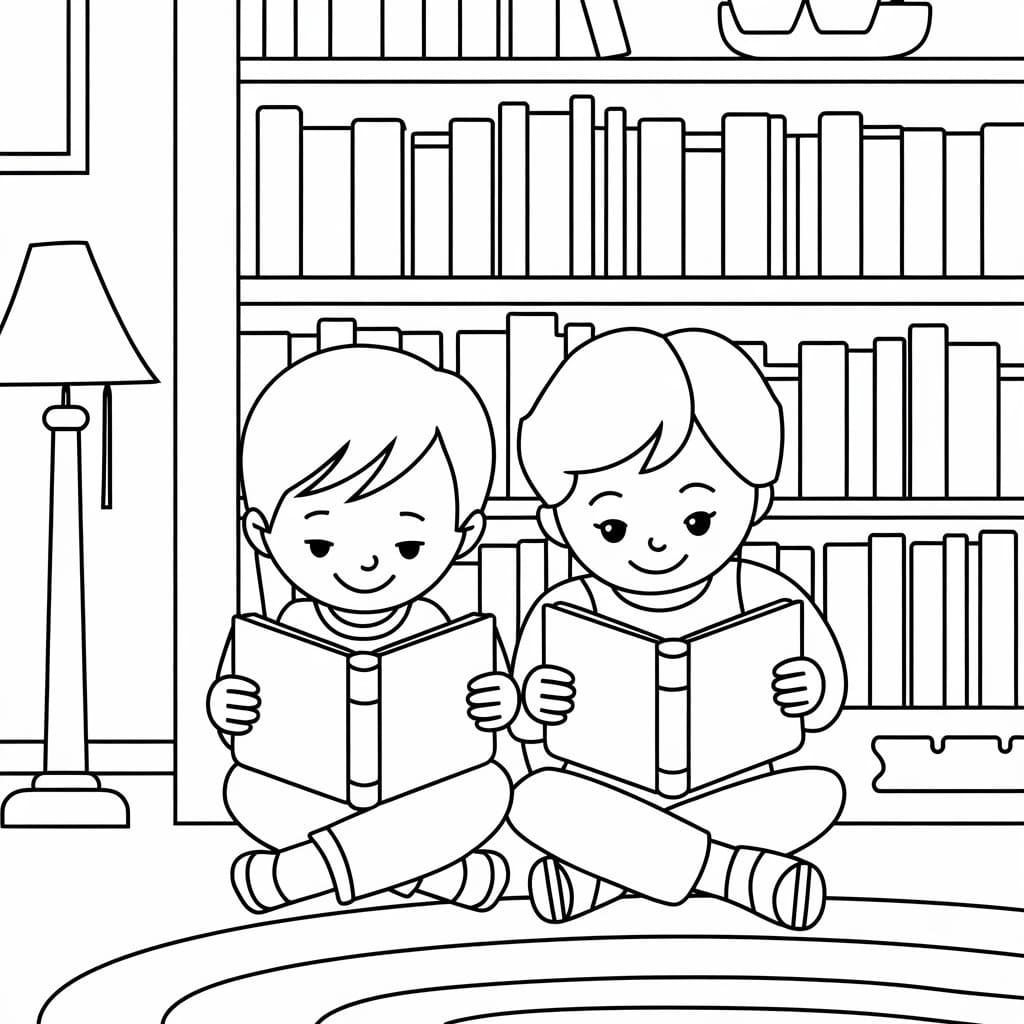 download de desenho de meninos lendo livro em biblioteca para colorir