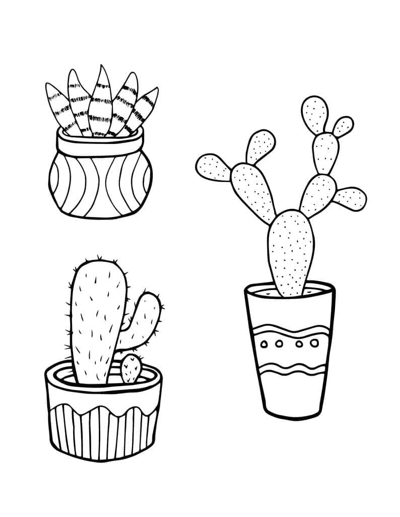 Desenho de Vasos de Cactos Fofos para Colorir