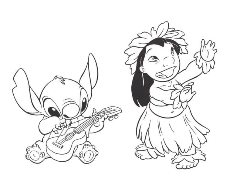 desenho de stitch tocando ukulele e lilo dançando para colorir