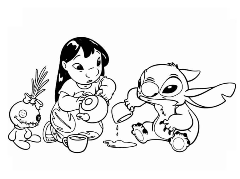 desenho do stitch tomando chá com amigos para colorir